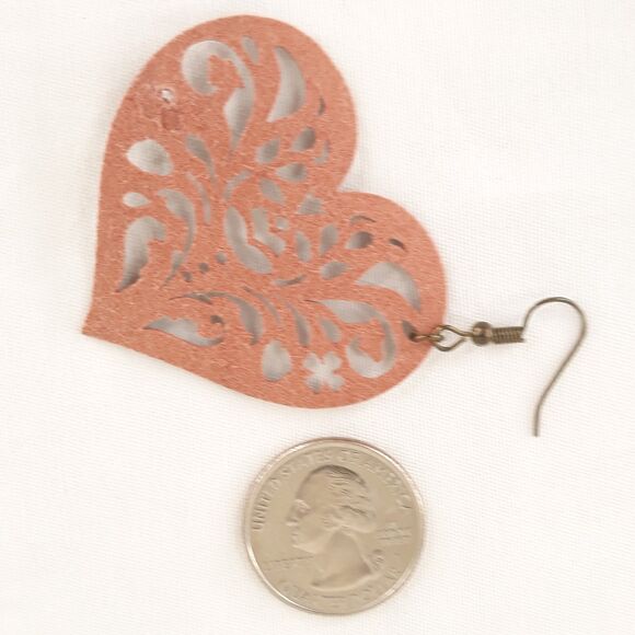 Earrings Large Leather 2 Sided Western Heart Suede Gold/Metallic Vintage Y2K - Picture 3 of 6
